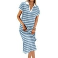 thumbnail image 2 of ShomPort Striped Straight Dress for Tall Women Casual V-Neck Collared Short Sleeve T-Shirt Dress Split Maxi Dresses, 2 of 6