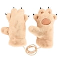thumbnail image 2 of Kids Warm Gloves Cute Bear Paw Mittens Warm Lined Fingerless Neck Lanyard Outdoor Kids Mittens Khaki One Size, 2 of 6