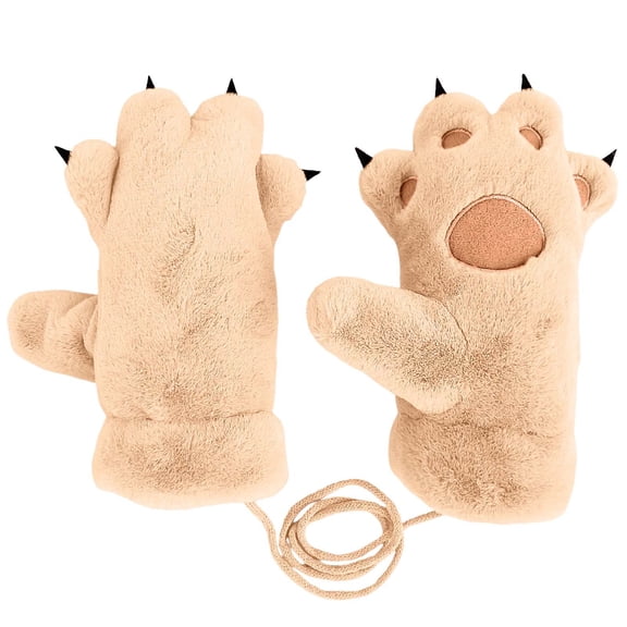 Daznico Cute Bear Plush Mittens Soft Lined Windproof Warm Winter Gloves with Detachable Neck Strap for Students Cycling and Daily Cold Weather Outdoor Wear