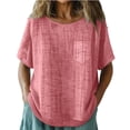 thumbnail image 4 of Linen Shirts for Women Fashion Summer Cotton Gauze Plus Size Tops Short Sleeve Crew Neck Dressy Casual Blouses 2026 Pink 3XL, 4 of 5