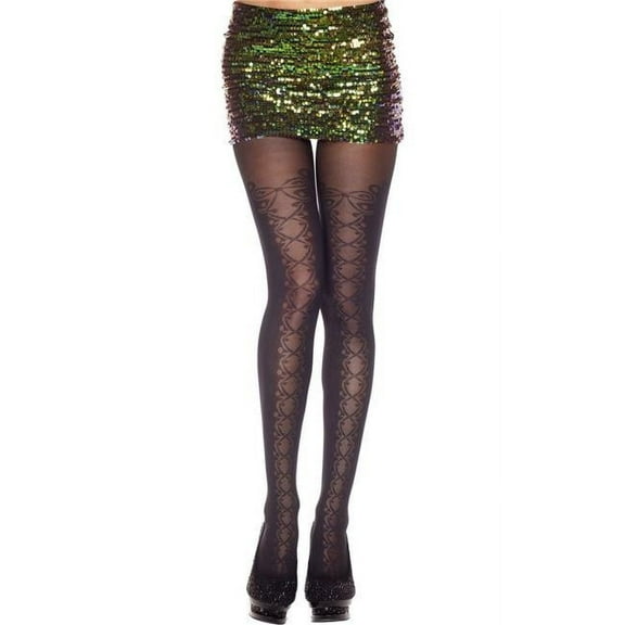 Music Legs Women's 7275-BLACK Faux Lace Up Panel Spandex Pantyhose, Black