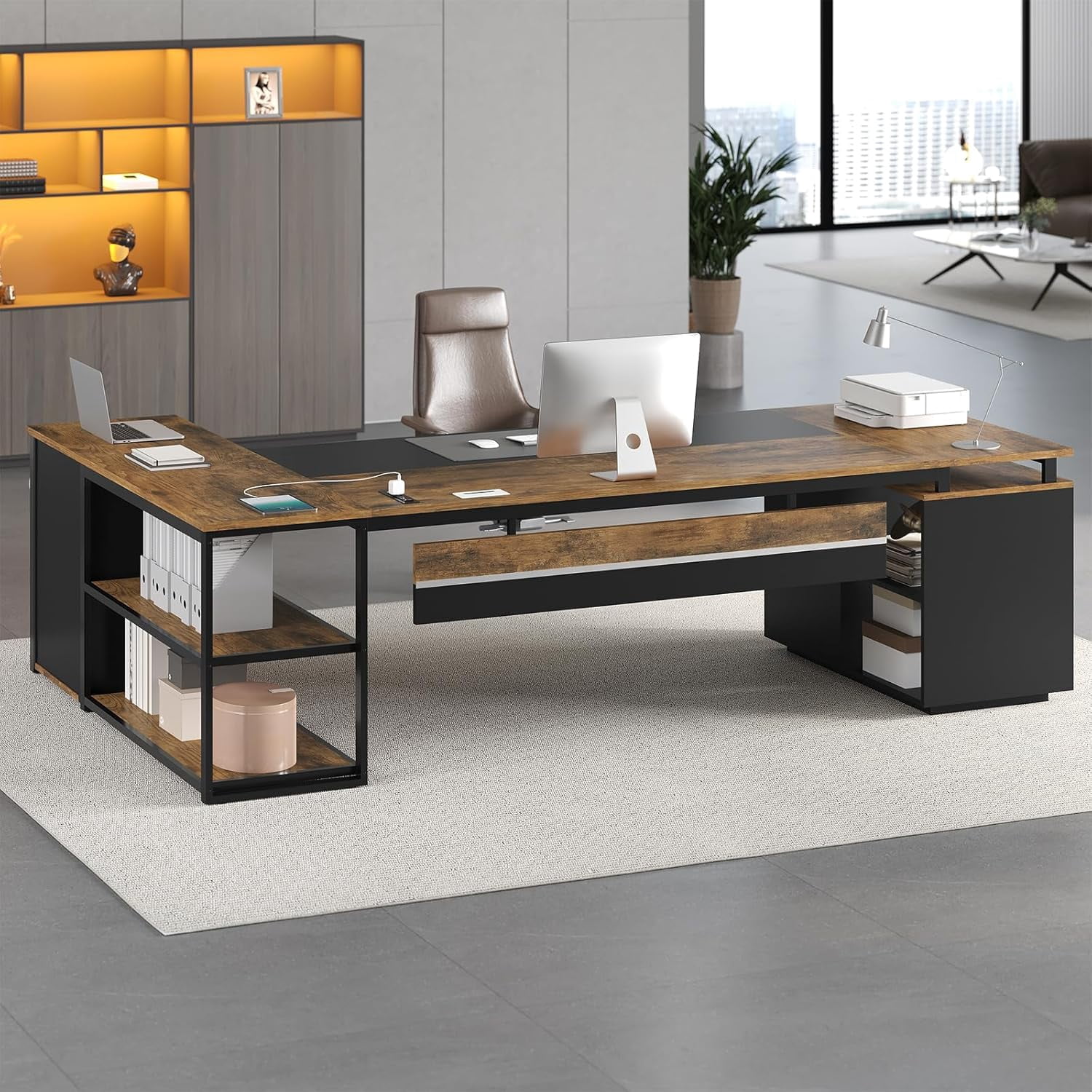 78" Executive Desk with Lockable File Cabinet, L Shaped Executive Desk with Power Outlets, Reversible Computer Desk with Drawers, Storage Shelves and Privacy Screen, Rustic Brown