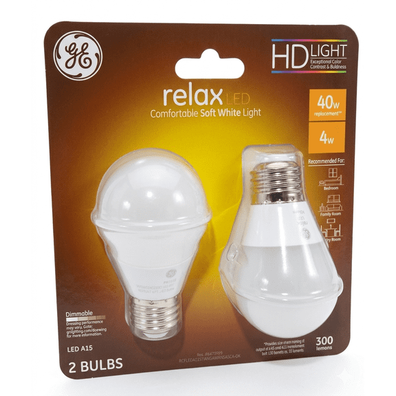 (Pack of 2) GE Relax HD LED Light Bulb 4W (40W Equivalent) Soft White A15 Dimmable