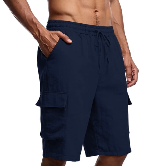ctdiral Mens Linen Casual Shorts Elastic Waisted Drawstring Beach Shorts Solid Color Loose Fit Cargo Shorts Multi Pockets Lounge Shorts