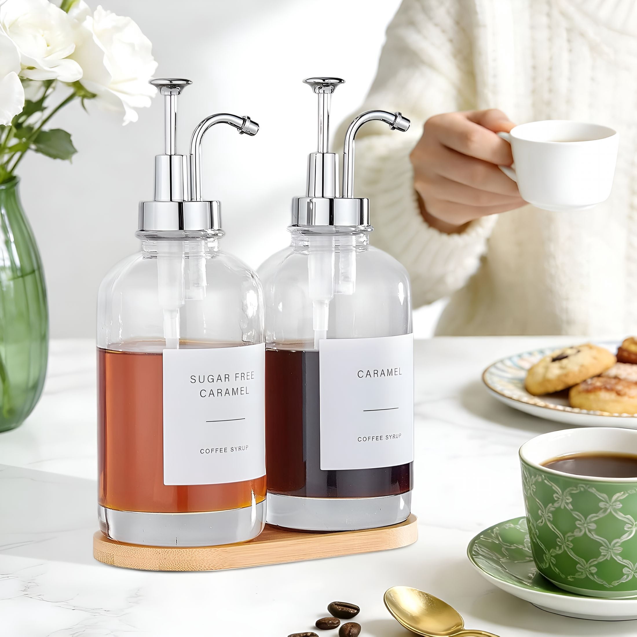 ACDANC 2026 New Coffee Syrup Dispenser Coffee Bar Accessories 16.9 Oz Syrup Dispenser with Labels,Syrup Pump Dispenser for Coffee Bar(Silver Pump), for Coffee Stations, Kitchens, Home Bars, Cafes.