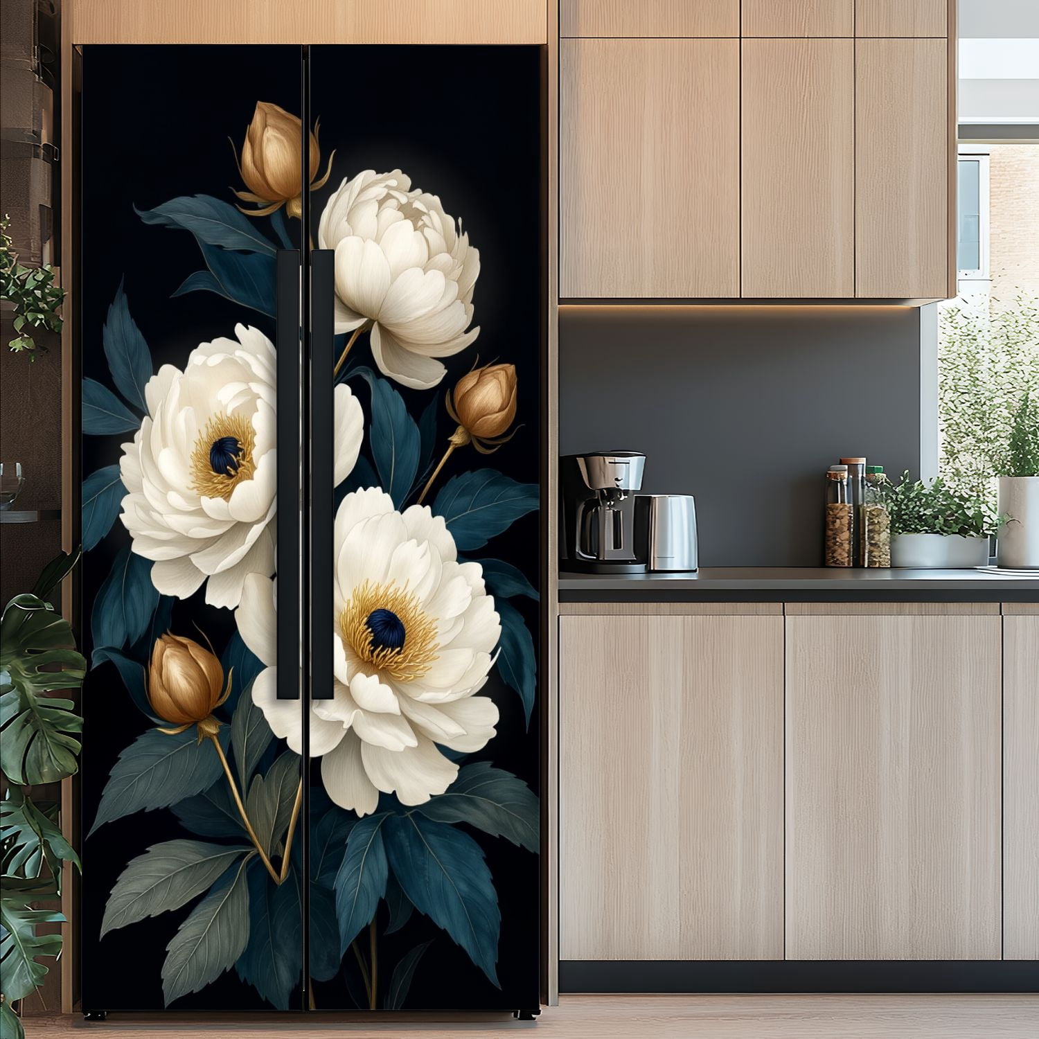 Self Adhesive Vinyl Refrigerator Wrap Set Vintage Botanical Artwork Elegant Peonies Door Mural Removable Fridge Sticker Peel and Stick&nbsp;Full Door Cover Decal Kitchen Bar Decor