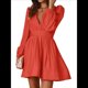thumbnail image 2 of Vestido Mini de Larga con Escote en V Profundo para Mujer, Corte A, Cintura Alta, Informal, Fluido, Ideal para Invitadas de Boda. Naranja y Rojo L, 2 of 10