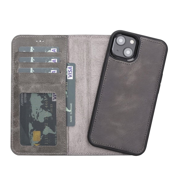 Personalized iPhone 13 Compatible Detachable Full Grain Leather Wallet Case with Kickstand Feature