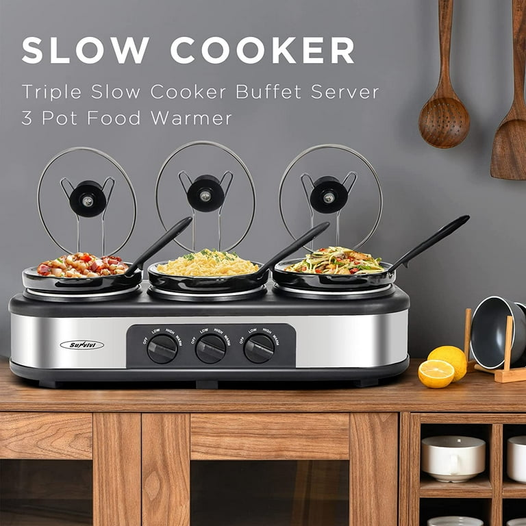  Triple Slow Cooker, 3×1.5 QT Buffet Servers and Warmers, 3 Pots Buffet  Slow Cooker Adjustable Temp Lid Rests Stainless Steel Manual Silver for  Parties Holidays Families: Home & Kitchen