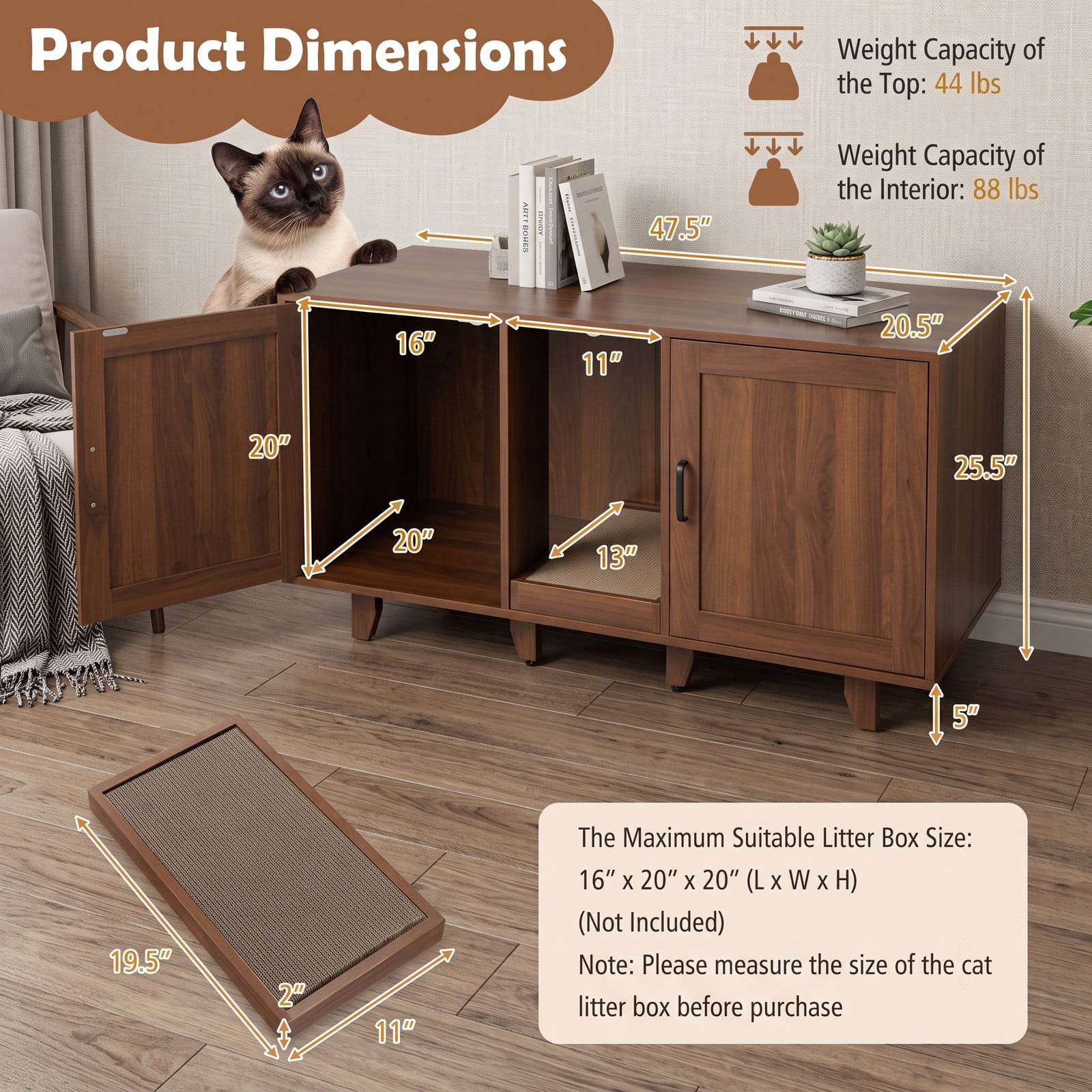 ALPULON Patented 2-Door Cat Litter Box Enclosure Hidden Cat House with Winding Entry, Scratching Board & Magnetic Doors, Wooden Cat Washroom Side Table TV Stand, Brown