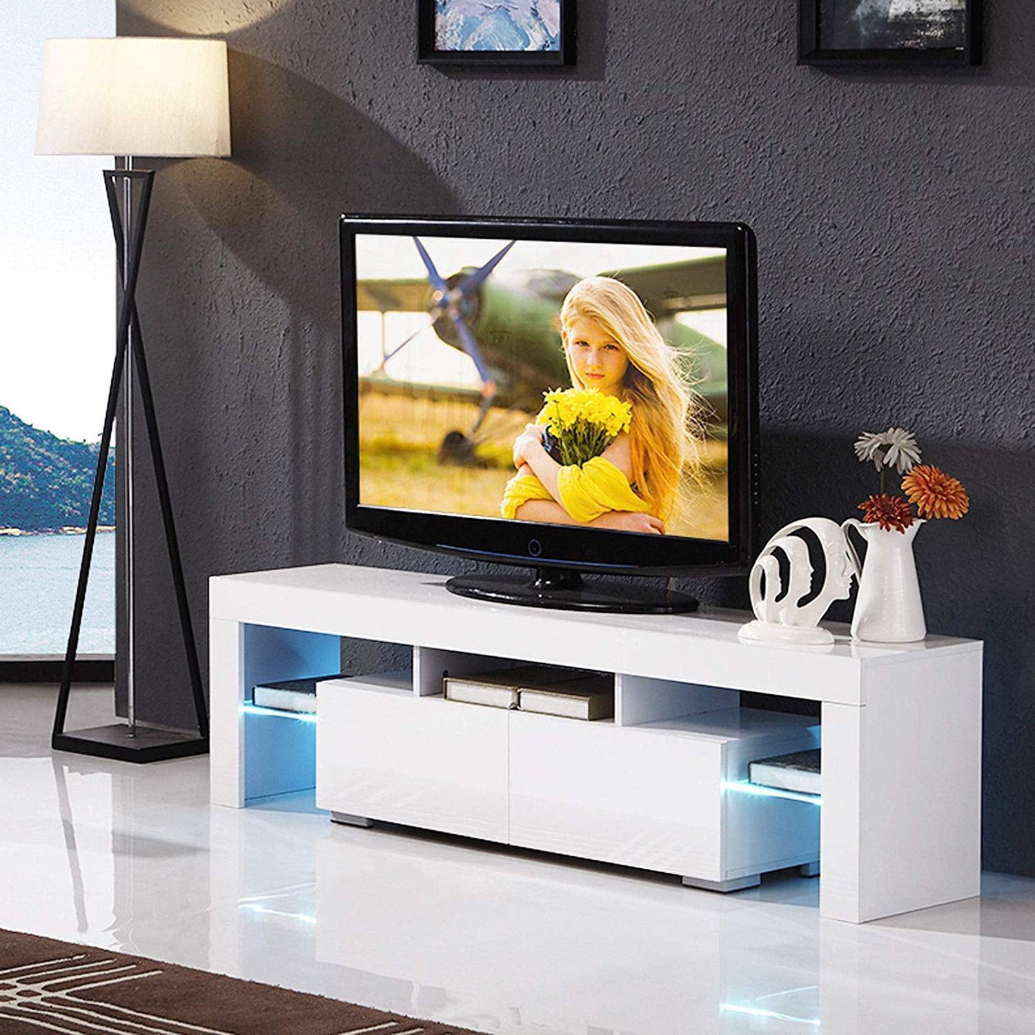 Modern TV Stand With LED Light Wood Television Stand Media Storage 