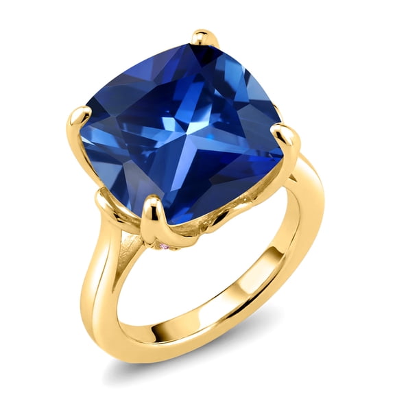 Gem Stone King 18K Yellow Gold Plated Silver Blue Created Sapphire and Pink Lab Grown Diamond Engagement Ring for Women (14.10 Cttw, 14MM Cushion, Size 5)