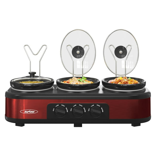 Sunvivi Olla de cocción lenta triple, servidor de buffet y calentador con 3 ollas de cerámica extraíbles, 3 configuraciones de temperatura ajustables y 3 reposapiés de tapa de metal, acero inoxidable,