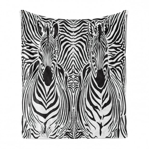 Zebra Print Soft Flannel Fleece Throw Blanket, Illustration Pattern Zebras Skins Background Blended over Zebra Body Heads, Cozy Plush for Indoor and Outdoor Use, 60" x 80", Black White, by Ambesonne