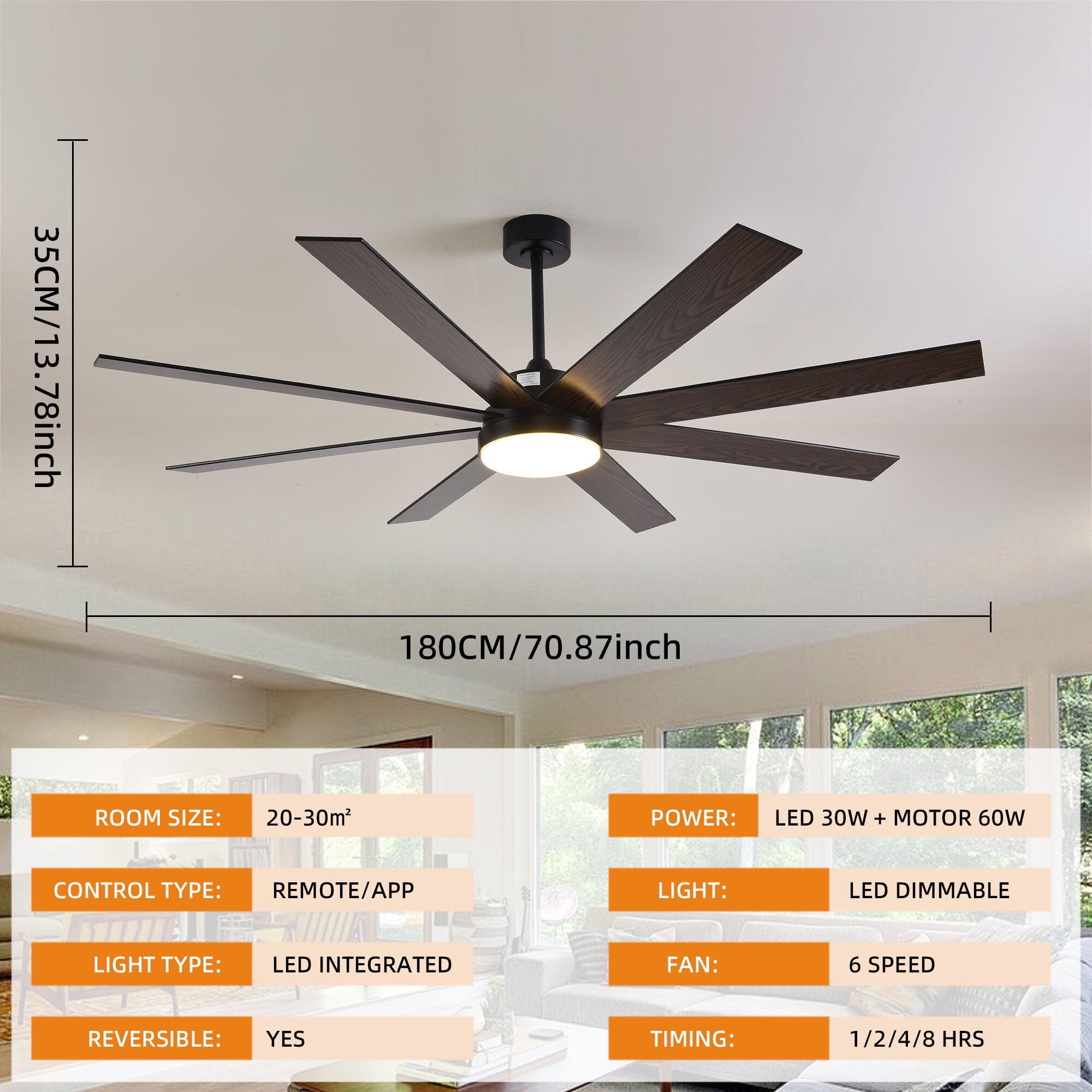 Electric Fans 72" Ceiling Fan with Light, 6-Speed Remote Control, Reversible DC Motor, Modern 8 Blades with 6"/12"/19.5" Downrods for Home or Commercial Black/Walnut,Ceiling Fans