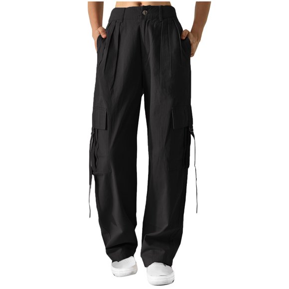FAIWAD Women's Cargo Pants High Waist Casual Straight Leg Pants Solid Color Pocket Streetwear Pants