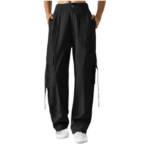 IROINNID Women's Cargo Pants Solid Sports Wide Leg High Waist Loose Fit Casual Pants with Pockets,Black