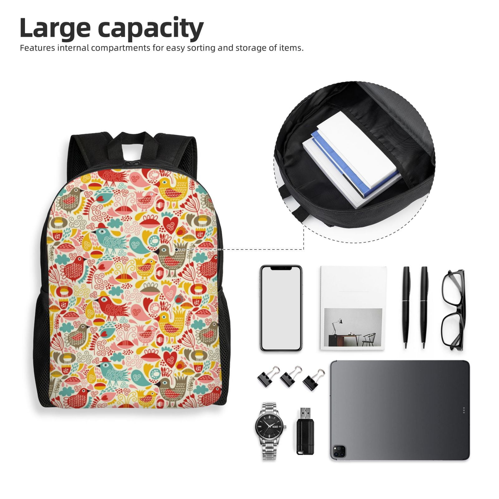 Xecao Colorful Chicken Print School Backpack with Laptop Compartment Small Travel Laptop Backpack for Women Men Waterproof College Backpack Simple School Bag
