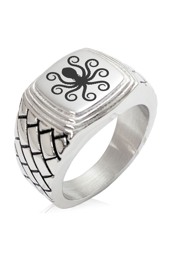 Stainless Steel Legendary Kraken Geometric Pattern Step-Down Biker Style Polished Ring