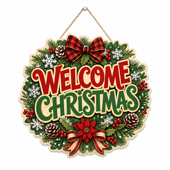 Wooden Door Sign Welcome Christmas Wreath Front Door Hanging for Holiday Entryway