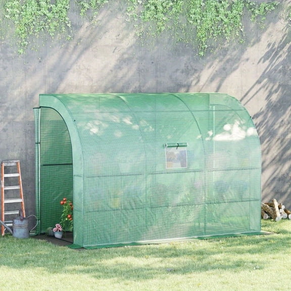 Zateety 10' x 5' x 7' Lean to Greenhouse, Walk-In Green House, Plant Nursery with 2 Roll-up Doors and Windows, PE Cover and 3 Wire Shelves, Green