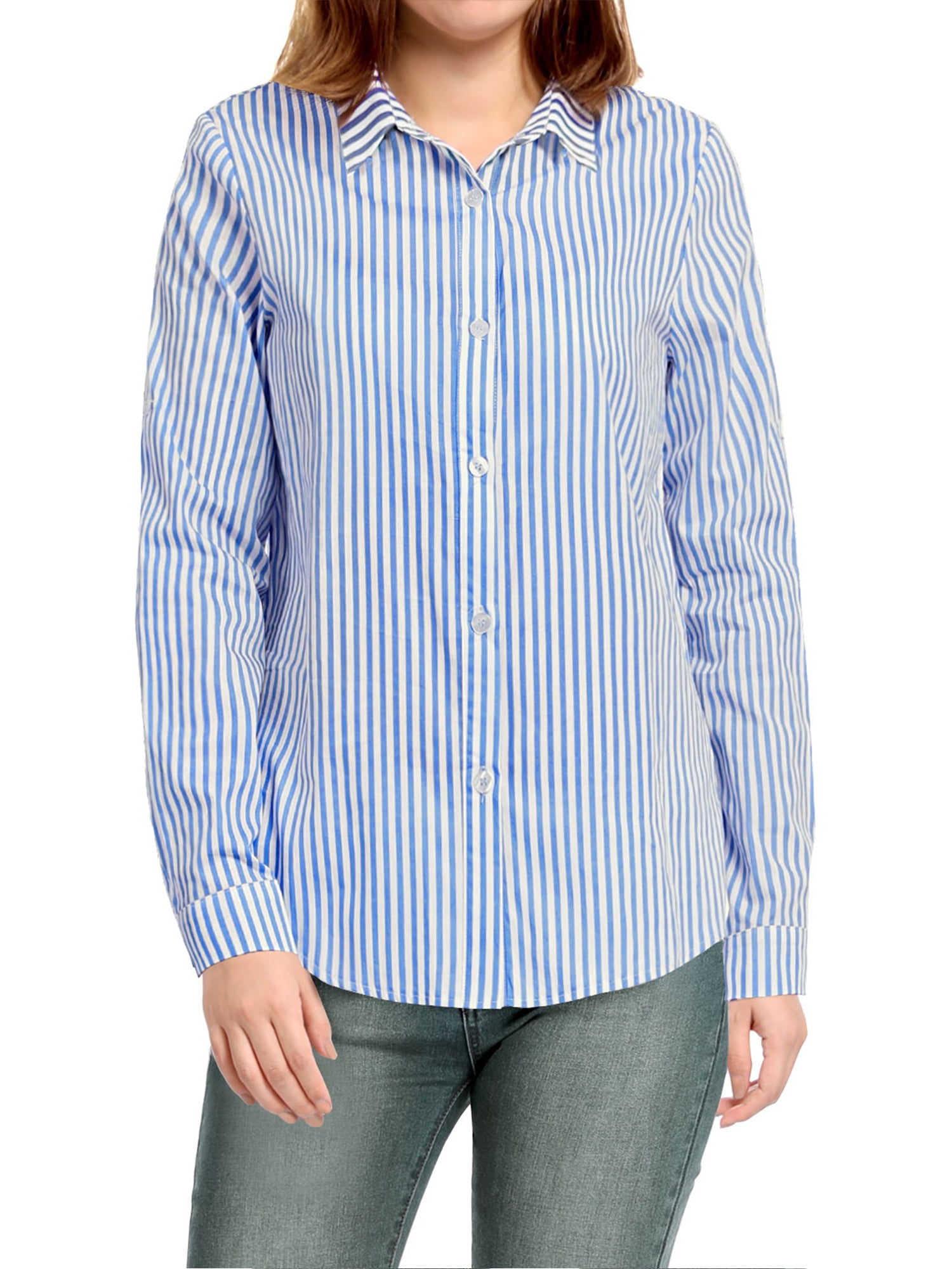 DARING DIVA Women's Button Down Long Sleeve Vertical Stripes Shirt XS Light Blue