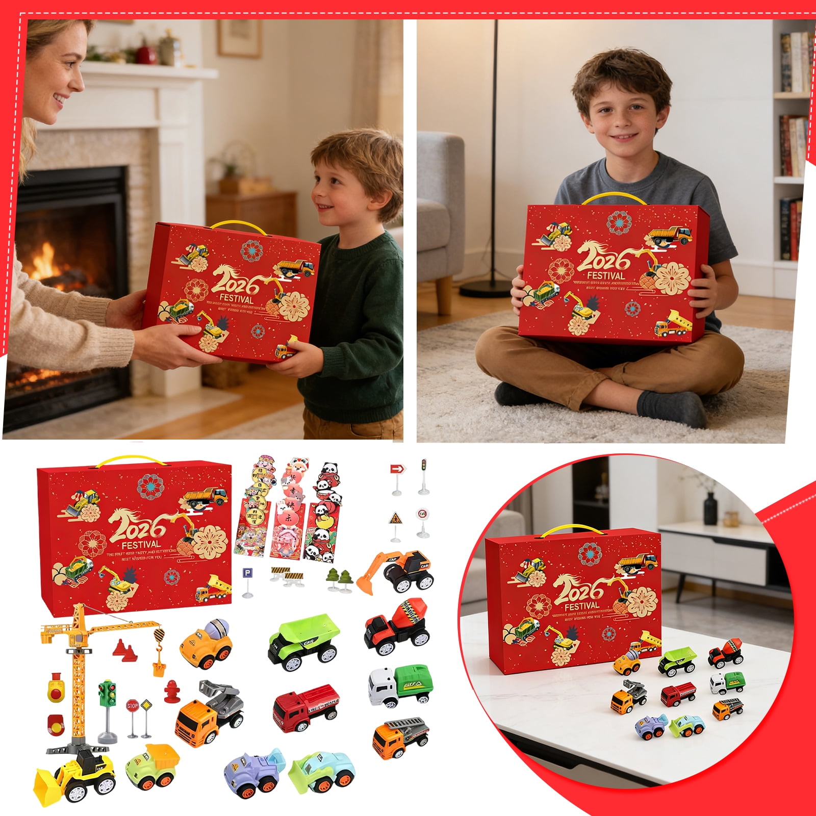 Engineering Vehicle Toy Blind Box - 17 - Grid Surprise Box with 4 Red Packets & 13 Toys, Red Aircraft - Shaped Gift Box, Boys, Girls for Christmas, Birthday, Party Favors