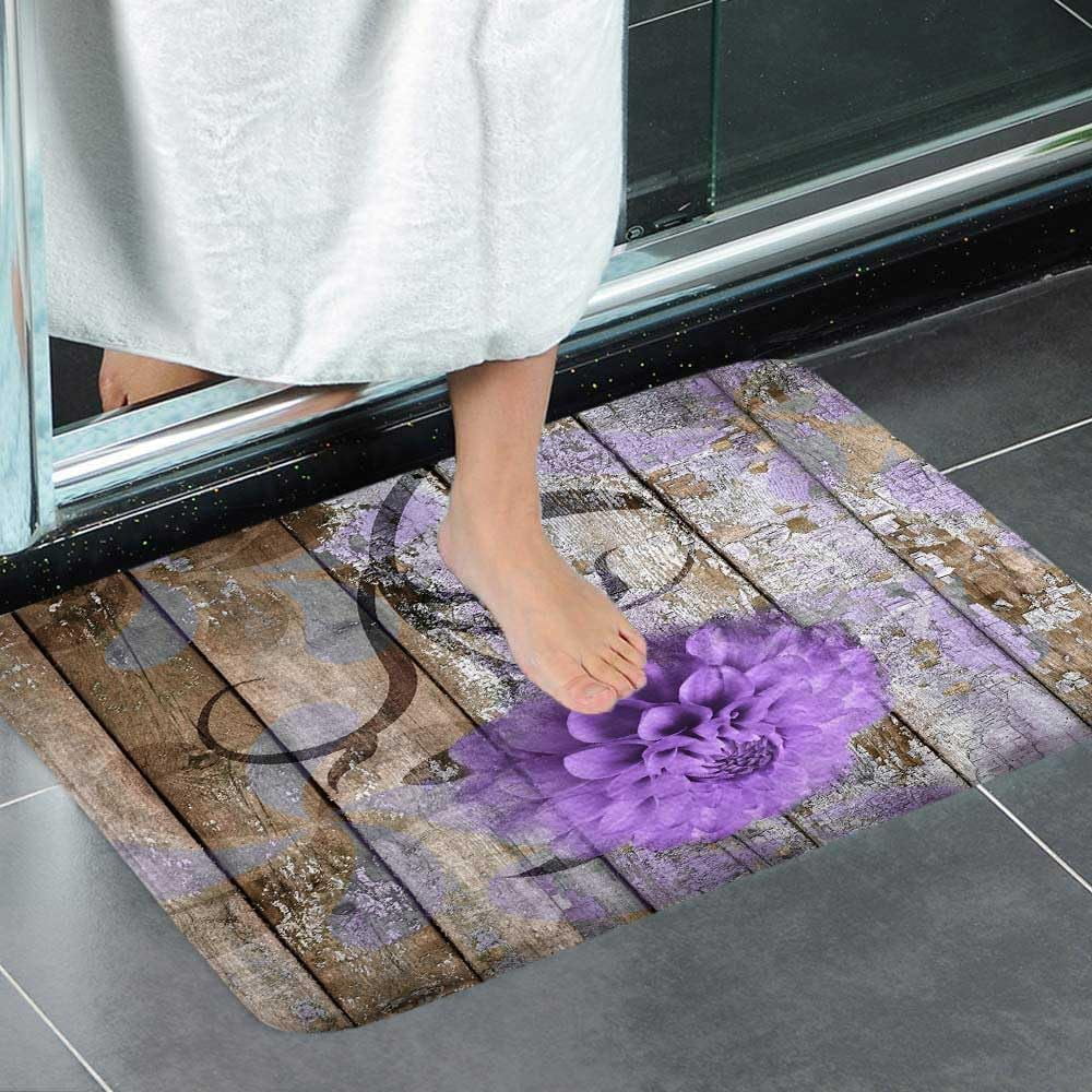 Farmhouse Floral Flower Bath Mat, Dahlia Rustic Wooden Plank Country Barn Wood Purple Flower Non-Slip Flannel Soft Doormat Floor Entryways Outdoor Indoor Front Door Mat, (16X24)