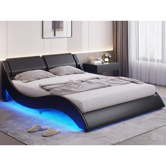 AMUZER Queen Size LED Bed Frame, Wavelike Curve Deluxe Upholstered