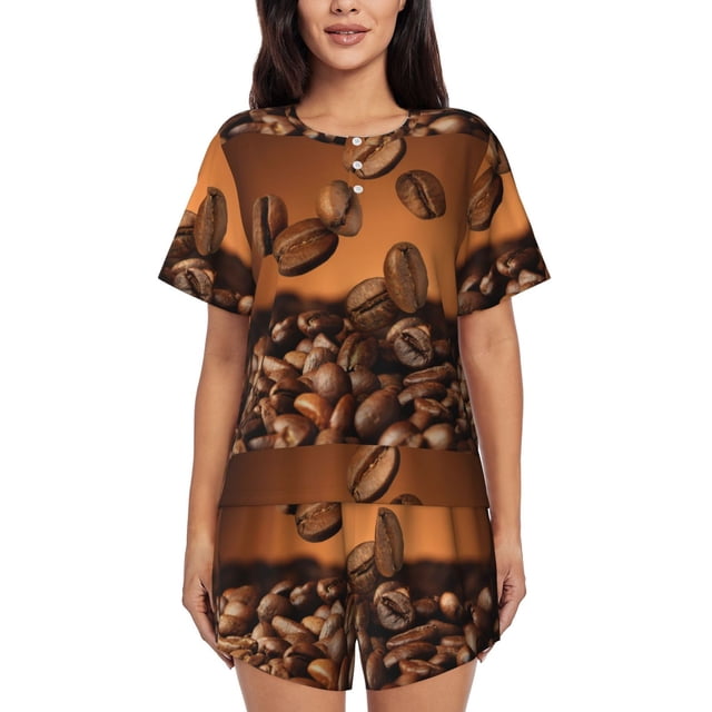 Fotbe Coffee Beans Conjunto de Pijama Estampado para Mujer, 2 Piezas, Ropa de Dormir con Camiseta de Manga Corta y Shorts Suaves-3X-Large