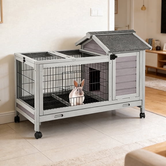 Aivituvin Rabbit Hutch Indoor Bunny Cage Outdoor Wooden Guinea Pig Cage Bunny House with Removable Metal Wire Floor, Lockable Caster Wheels, Leakproof Plastic Tray for 1-2 Rabbits, Small Animals