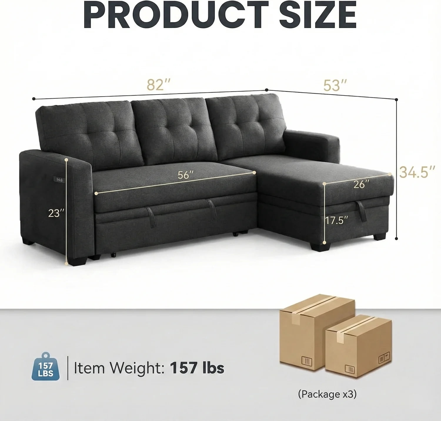 TiramisuBest Convertible Sofa Bed Couches for Living Room, 82" Sleeper Sofa with Pull Out Couch Bed, Linen Fabric L Shape Sectional Couch with Reversible Storage Chaise, USB Charging (Dark Gray)