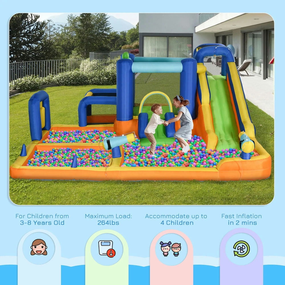 Topcobe 7 in 1 Water Slide w/ Slide Pool Climbing Wall Water Cannon Basketball Hoop Boxing Post Football Stand for 3-8 Years, Kids Bounce House for Kids Backyard Activity