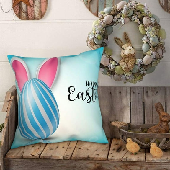 Isvgxsz Happy Easter Bunny Gnome Decorative Throw Pillow Covers 18 x 18, Bless This Nest Rabbit Ears Eggs Porch Outdoor Home Decor, Spring Carrot Tulip Flower Colorful Stripes Couch Cushion Case