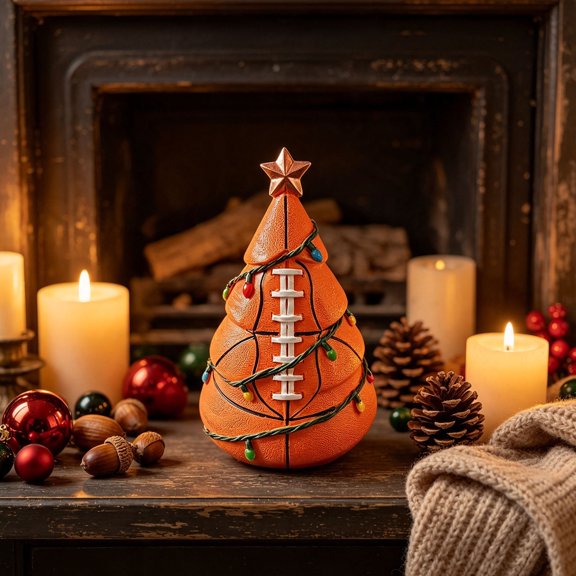 Vibrant Sports Ball Christmas Tree Decor, Mini Rugby Shaped Xmas Tree with Colorful String Lights Figurine Decoration, Cute Holiday Decor for Dad Sports Lovers Home Office Man Cave Party Tabletop