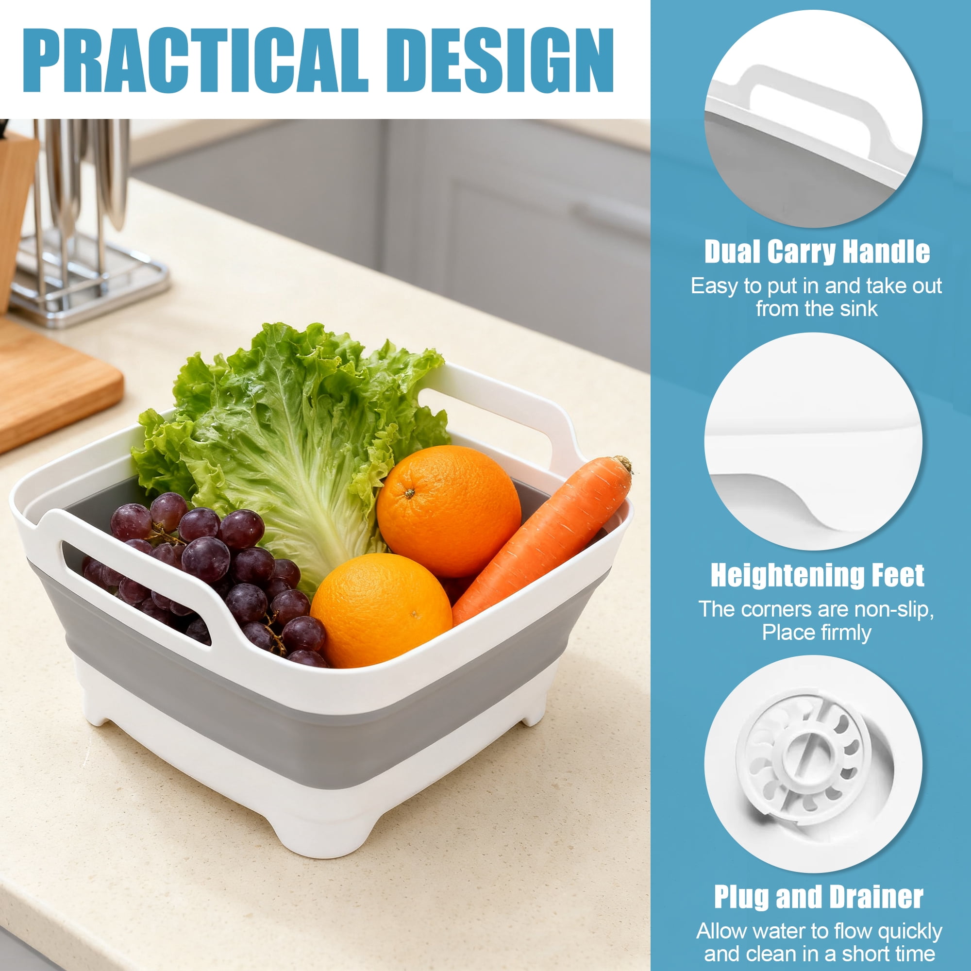Collapsible Dish Tub, 9L Foldable Washing Basin With Drain Plug and Handles, Space-Saving Plastic Sink Basin for Kitchen, Camping, Laundry