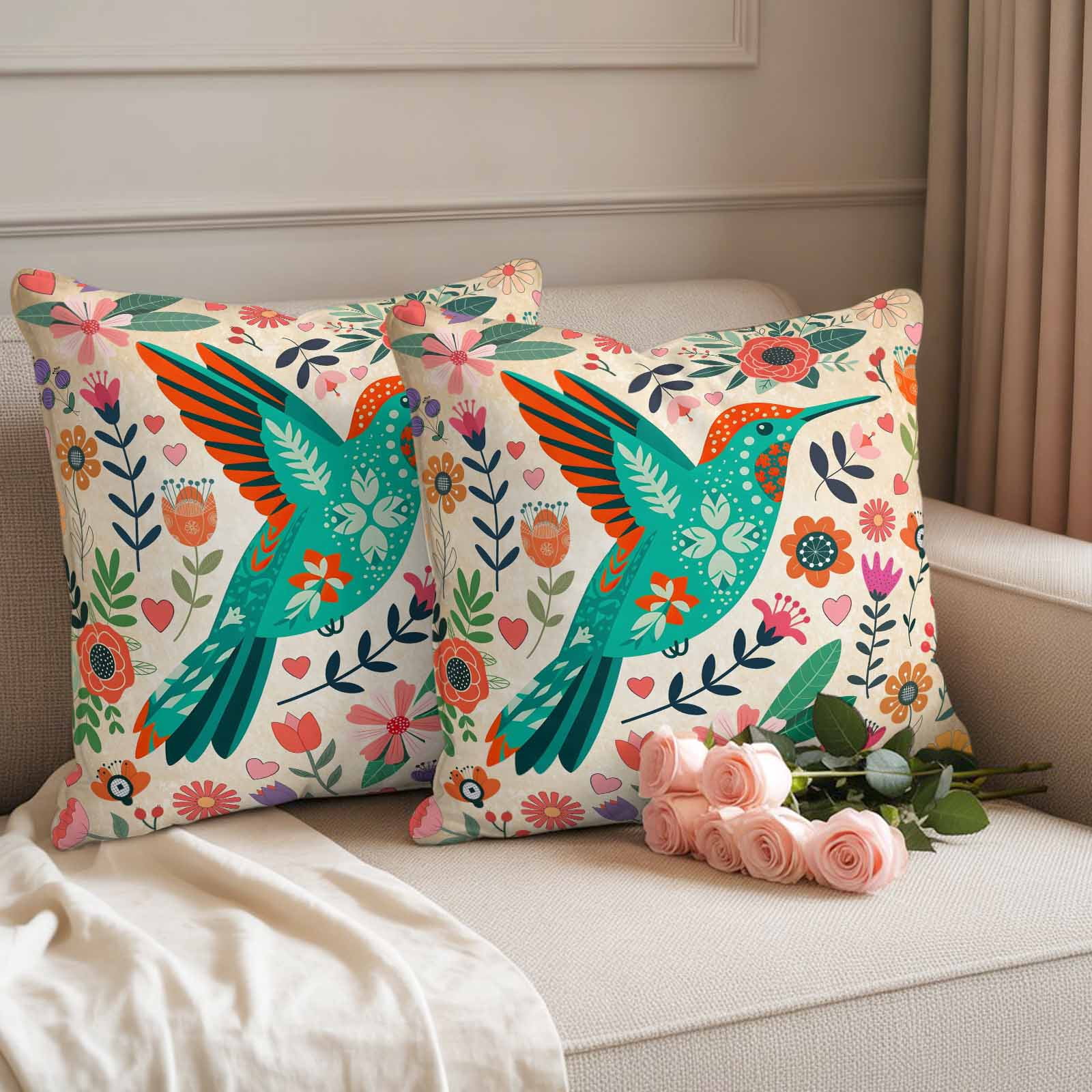 Turquoise Birds Outdoor Waterproof Pillow Covers, Retro Farmhouse Colorful Flowers Herbs Decorative Square Throw Pillowcase Sofa Cushion Sham for Patio/Couch/Chair, 24"x24" 2 Pack