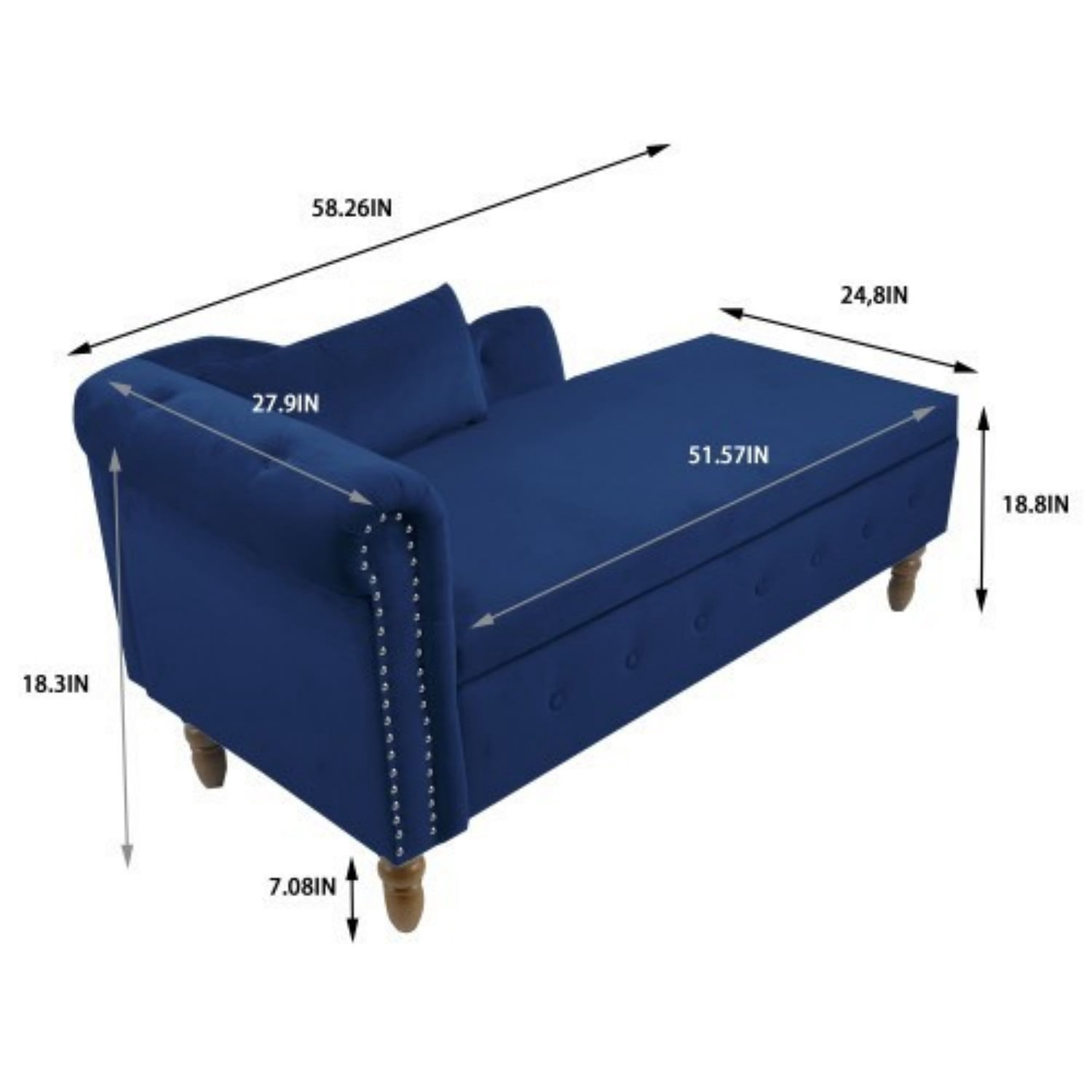 Velvet Chaise Lounge Chair with Storage, Upholstered Chesterfield Lounge Chair with Rolled Arm, Tufted Back, Pillow & Hidden Storage for Living Room, Bedroom & Office, Navy Blue