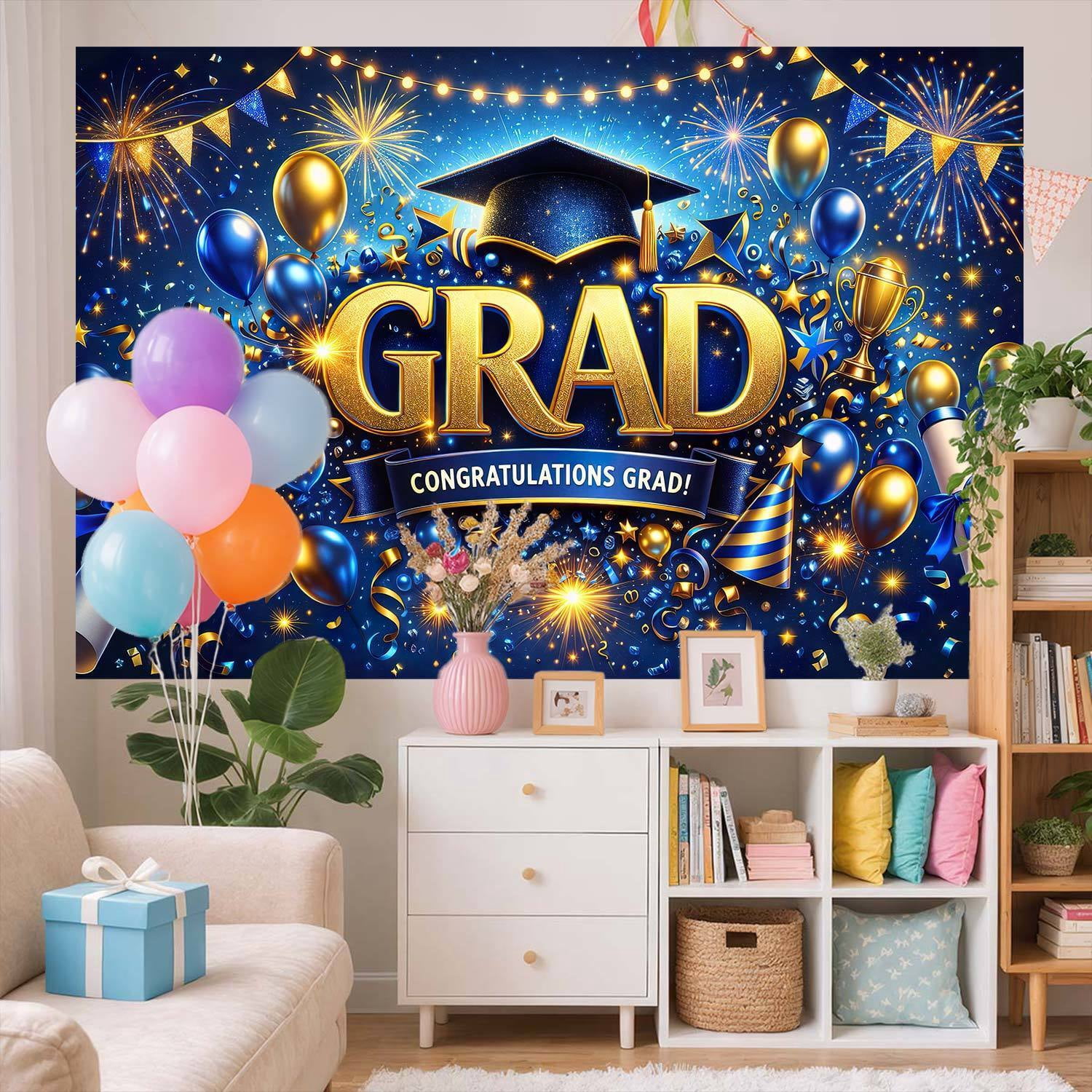 7x5ft Blue and Gold Graduation Photography Backdrop, Congratulations Grad Photo Booth Background with Cap Diploma Balloons, 2026 Grad Party Decorations Supplies