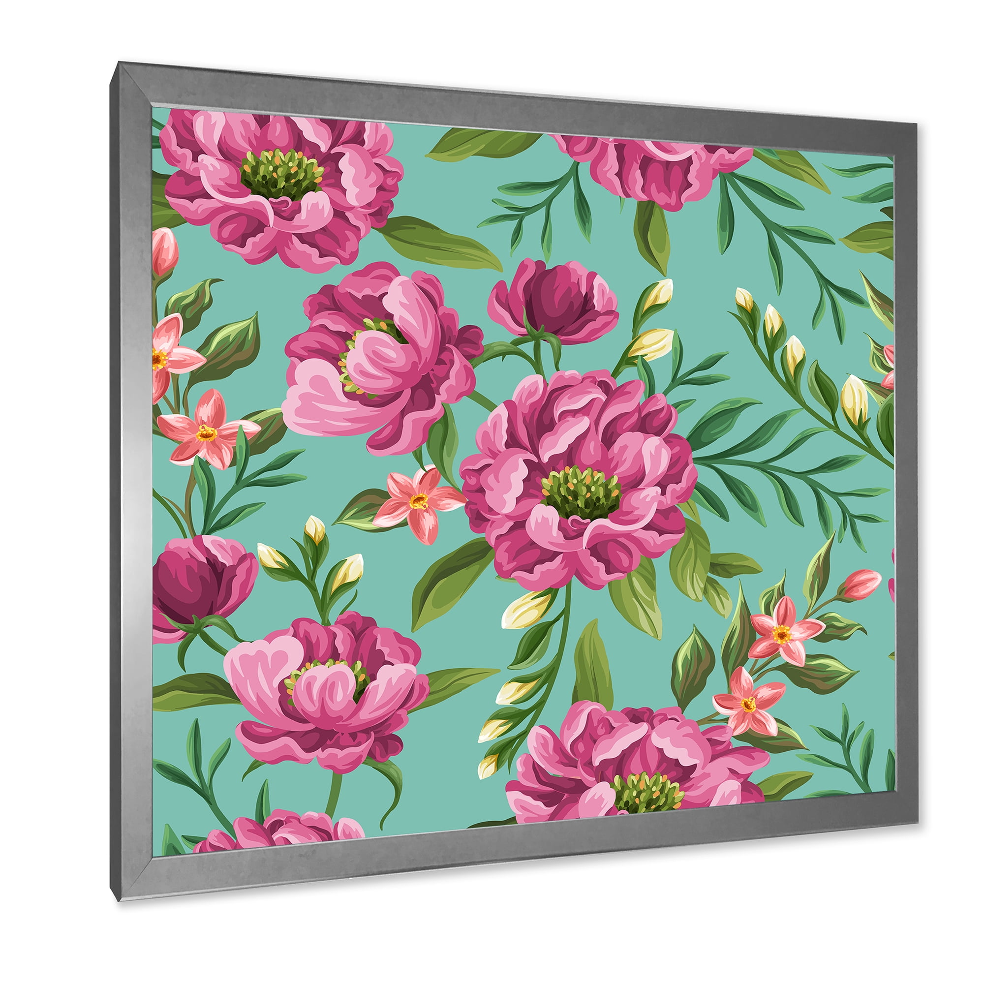Designart 'Fuchia Pink Flowers On Green VIntage' Traditional Framed Art Print