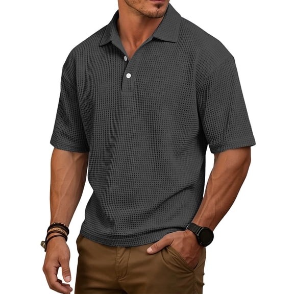 LTTVQM Mens Polo Shirts Short Sleeve Loose Casual Textured Collared Waffle Henley Shirt Summer Beach Vacation Going Out Work Golf Shirts Black L