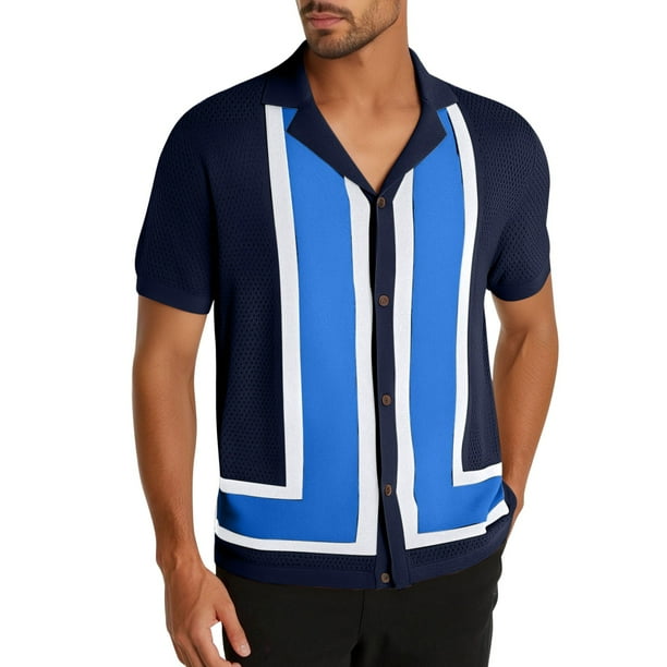 Camisas de Verano Casuales de Manga Corta de Punto con Cuello Superior, Diseño Hueco de Color de Contraste a Rayas, Placa de Botón de Algodón Retro para Uso Diario Y Deportivo