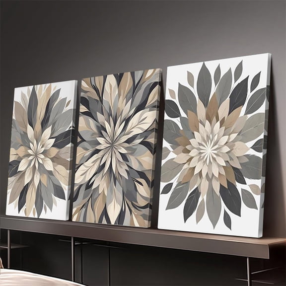 Framed, 3pcs wooden frame light grey floral wall art, brown grey bedroom wall decor, creative canvas posters, waterproof canvas wall art, gifts, bedroom, living room wall decor, home