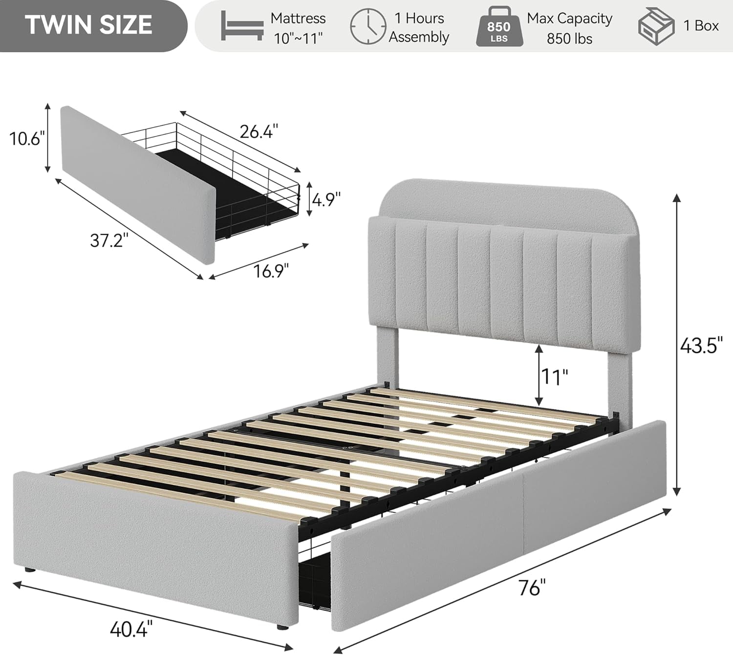 Twin Size Bed Frame with Storage Drawers & Bookcase Headboard, Boucle Platform Bed, Noise-Free, No Box Spring Needed, Grey