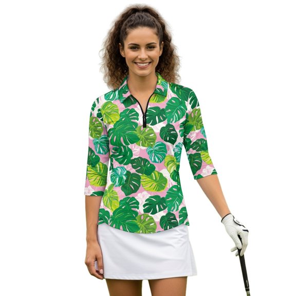 HUIACONG Tropical Leaf Print Womens 3/4 Sleeve Golf Shirts Quarter Zip with Soft with Zipper Women's Golf Polo Shirts for Sports Tennis Matches Outdoor Activities