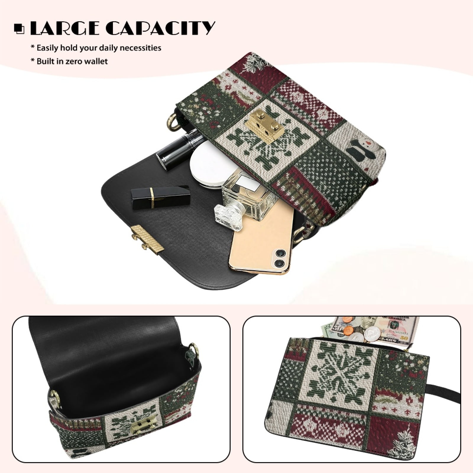 SCRAWLGOD Christmas Plaid Print Green White Red Crossbody Bags for Women Trendy PU Leather Shoulder Handbags Purses for Women with Detachable Chain Strap
