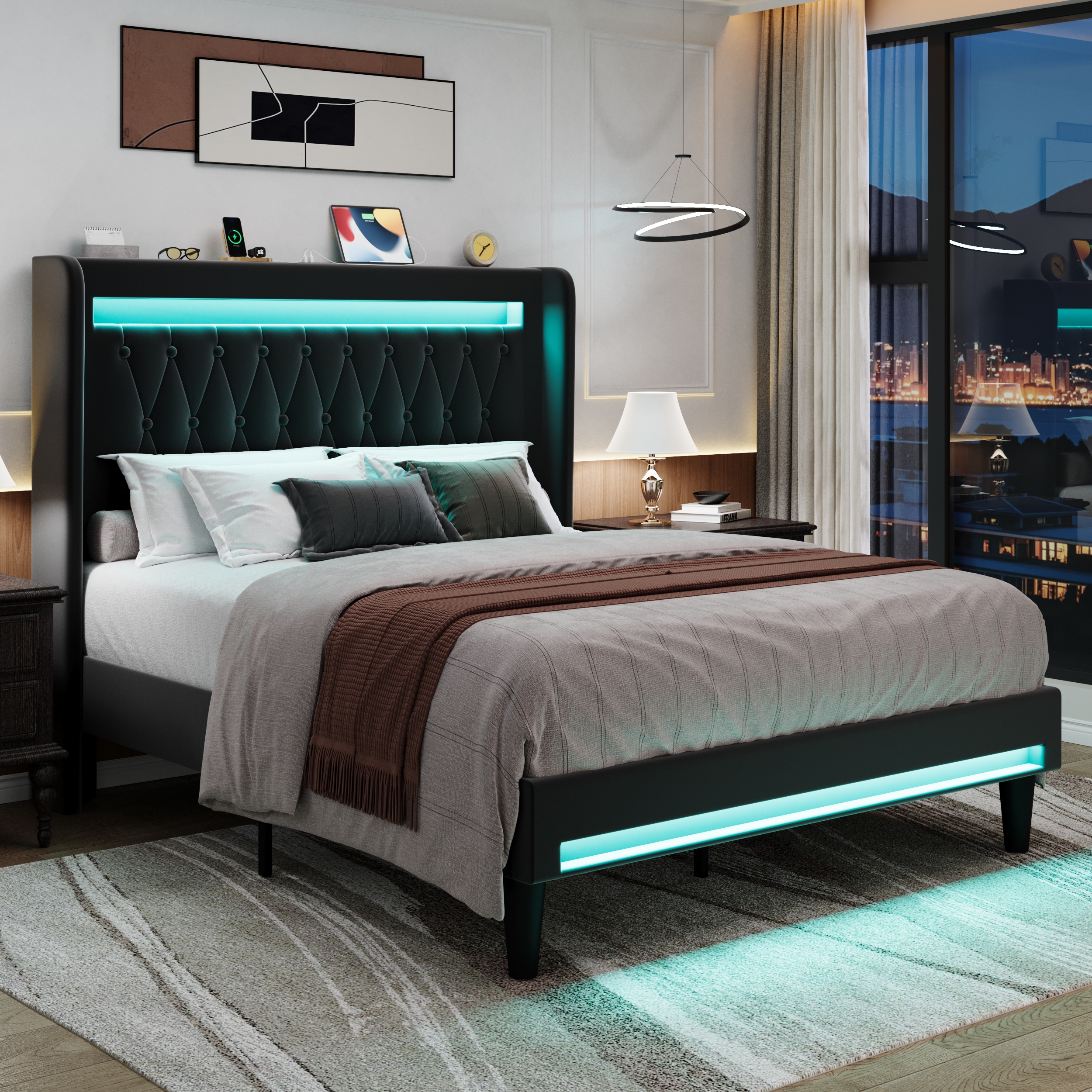 Amolife Queen Size LED Bed Frame, Upholstered Velvet Platfrom Bed with Charging Station, High Wingback Headboard & 2 Lights, No Box Spring Needed, 900 LBS Capacity, Black