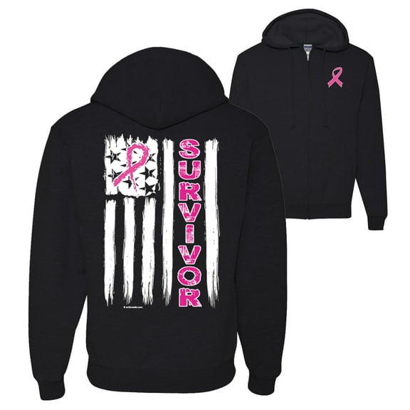 Wild Bobby Breast Cancer Awareness Survivor Awareness Flag Front and Back Graphic Zip Up Hoodie Sweatshirt, Black, XX-Large