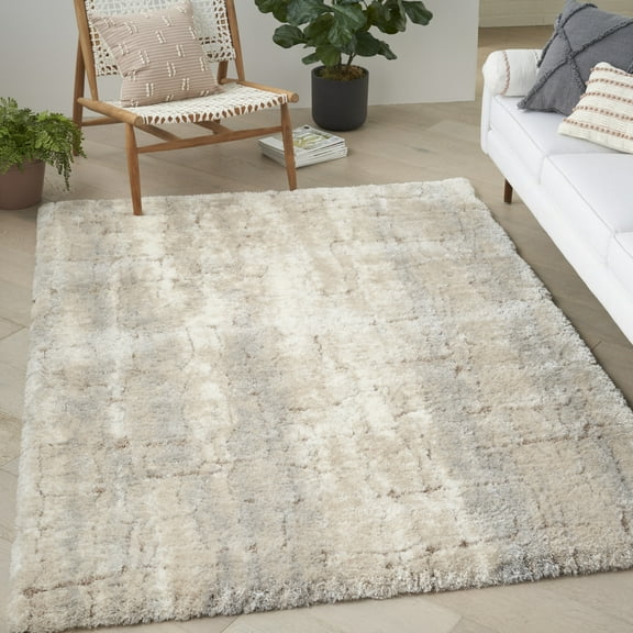 Nourison Luxurious Shag Abstract Contemporary Ivory Beige 4' x 6' Area Rug, Plush, Bedroom, Kitchen, Living Room