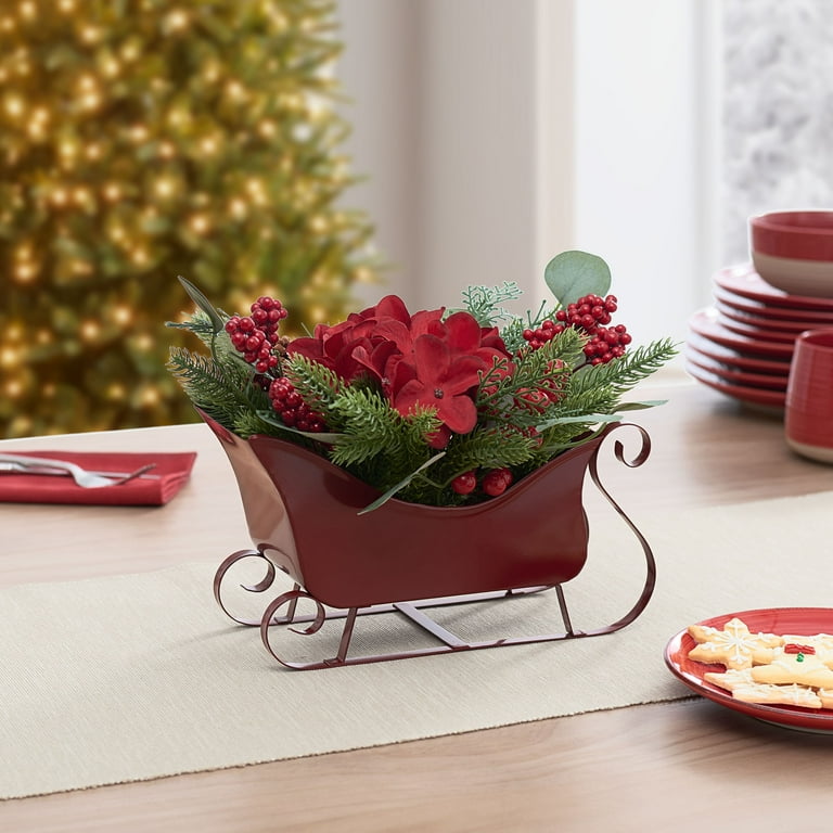 Holiday Time Multicolor Faux Floral Stamped-Metal Sleigh